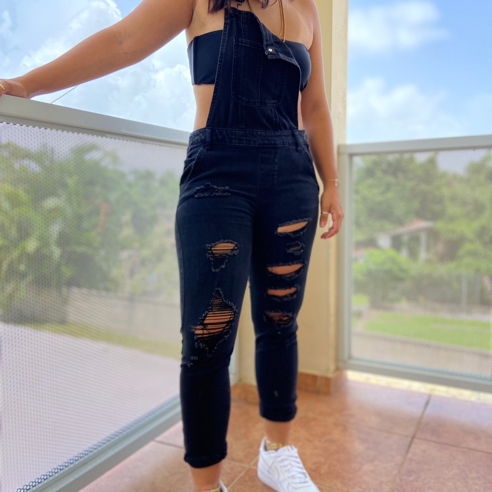 black ripped jean overall